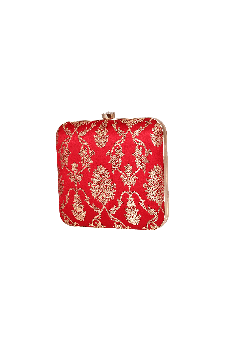 Red Brocade Box Clutch with Sling (6.5 X 2 X 6)
