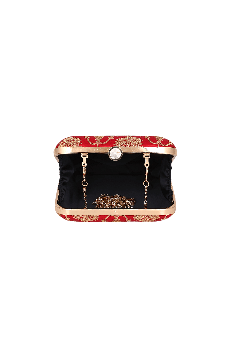 Red Brocade Box Clutch with Sling (6.5 X 2 X 6)