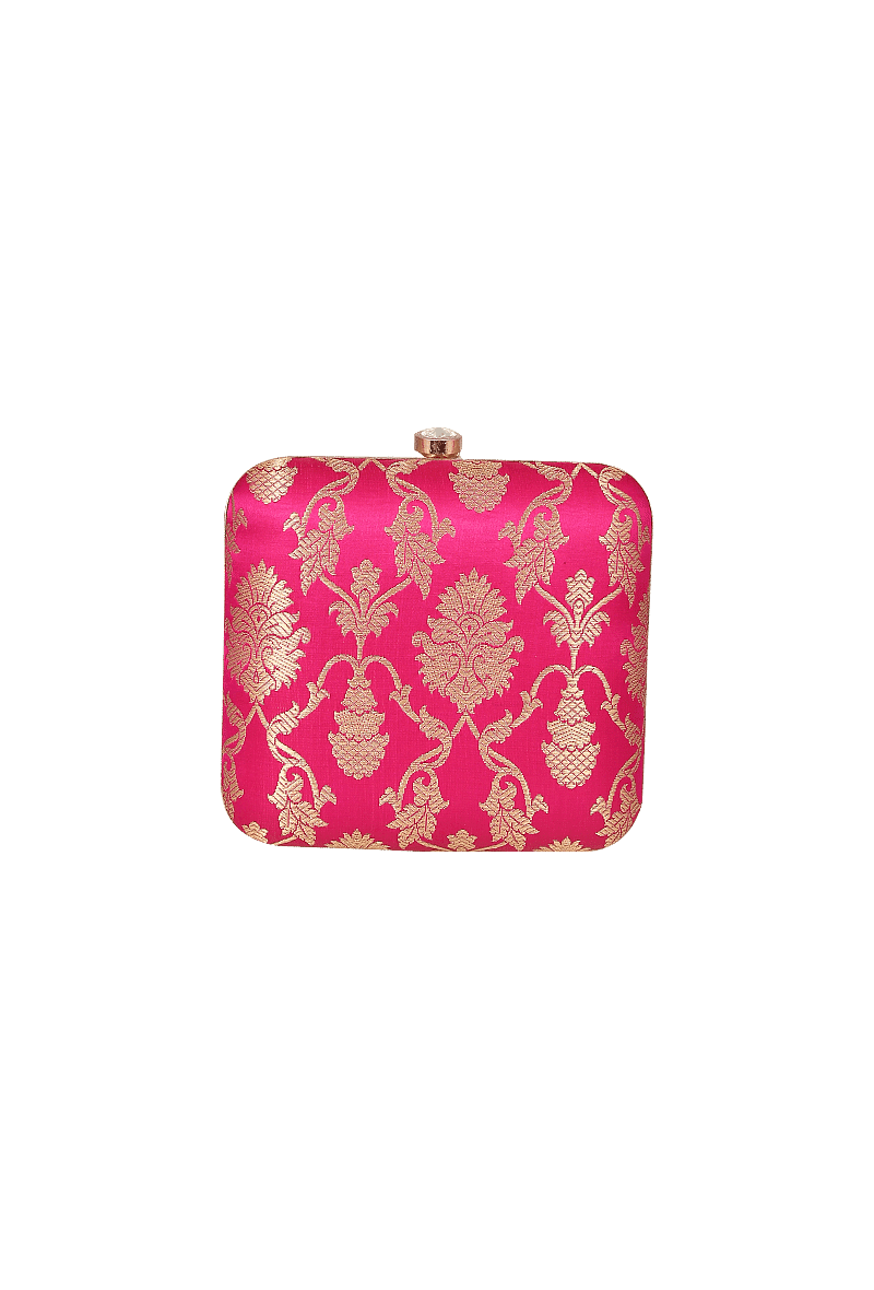 Fuschia Brocade Box Clutch with Sling (6.5 X 2 X 6)