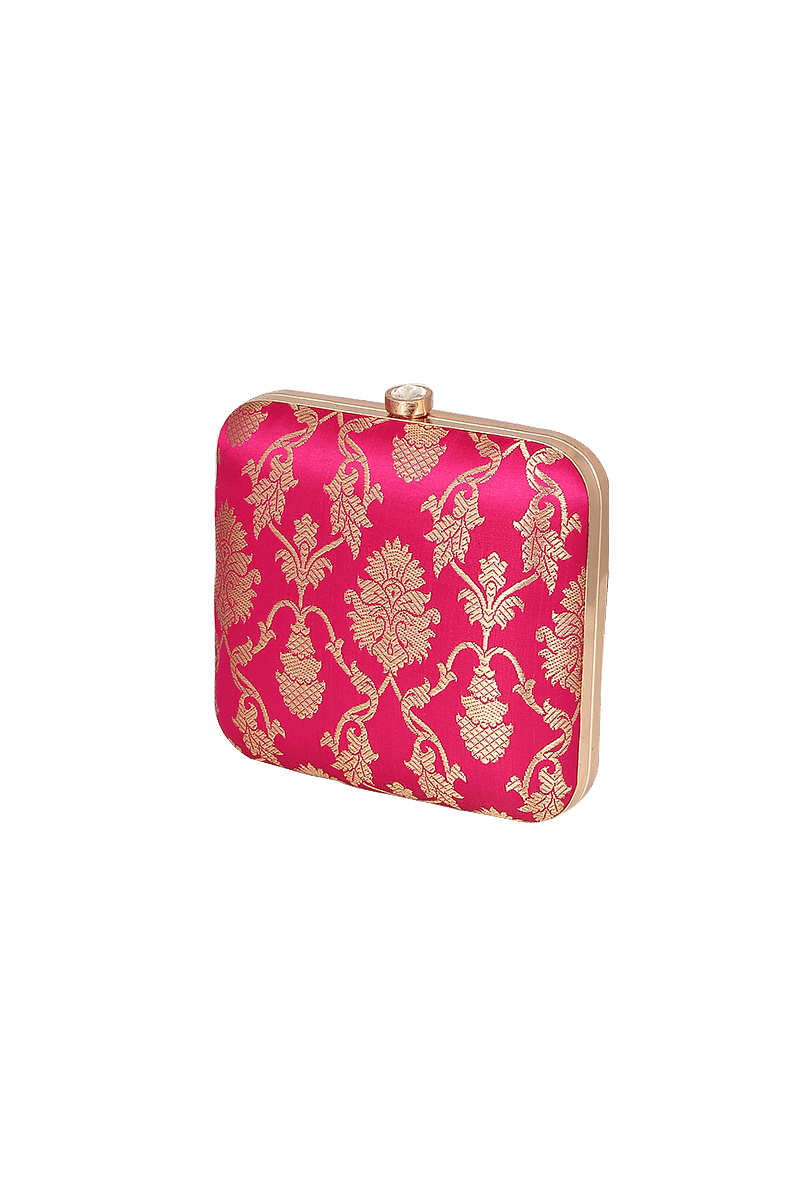Fuschia Brocade Box Clutch with Sling (6.5 X 2 X 6)
