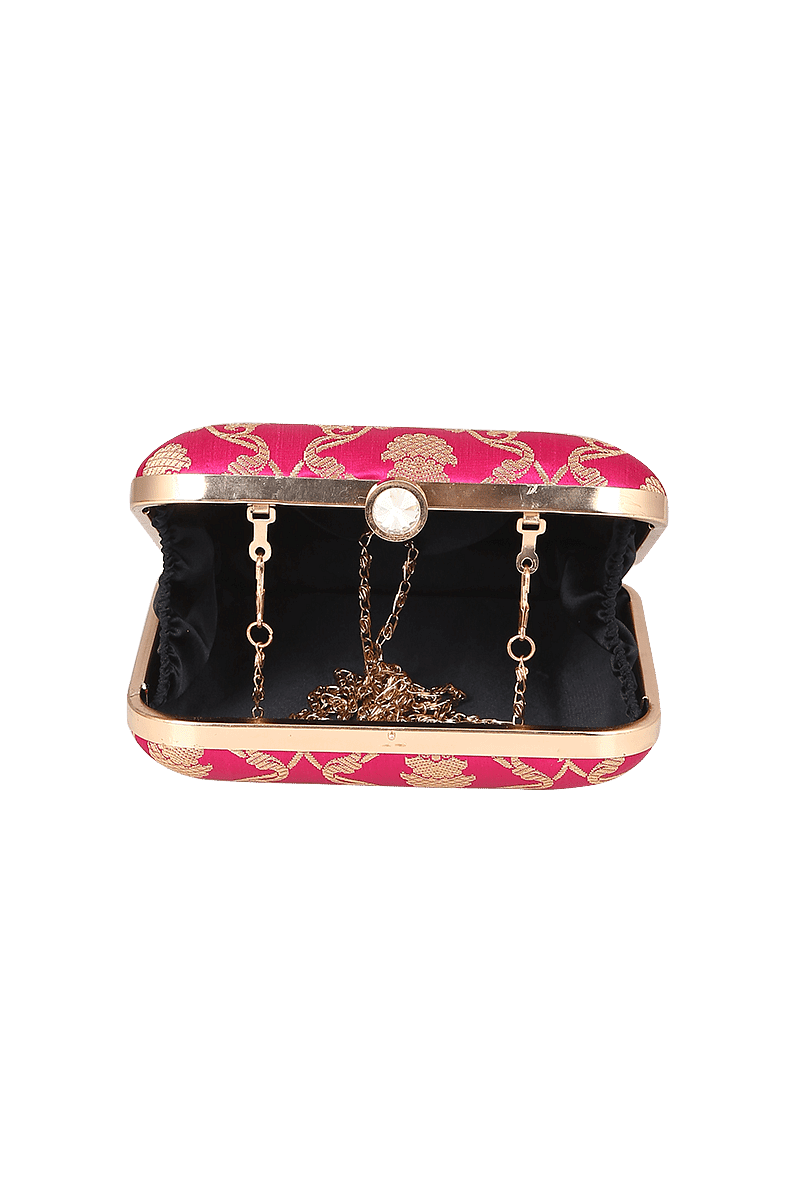 Fuschia Brocade Box Clutch with Sling (6.5 X 2 X 6)