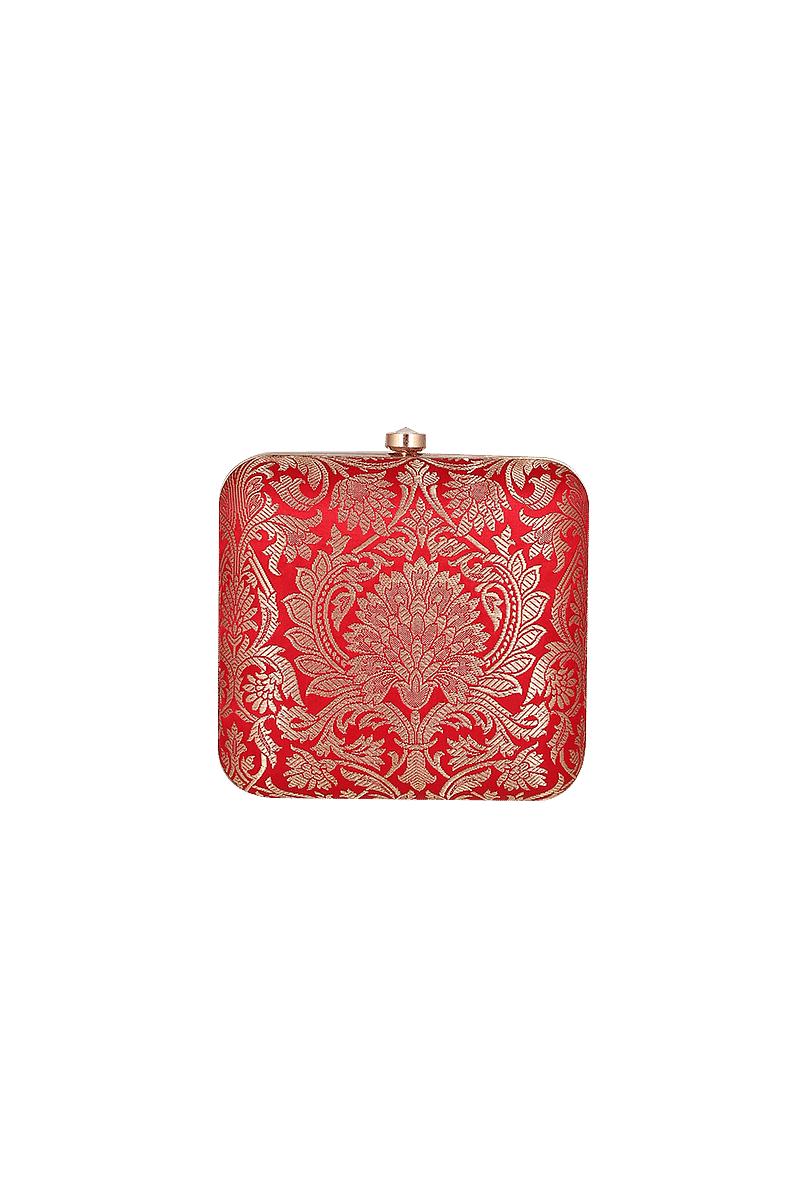 Garnet Red Brocade Box Clutch with Sling (6.5 X 2 X 6)