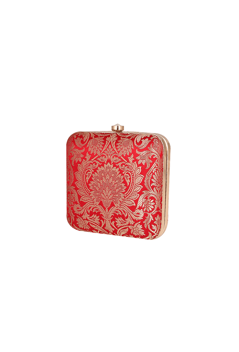 Garnet Red Brocade Box Clutch with Sling (6.5 X 2 X 6)