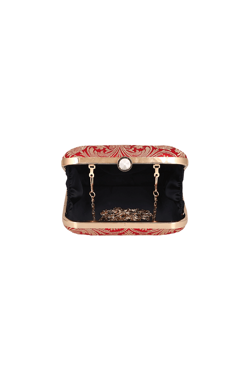 Garnet Red Brocade Box Clutch with Sling (6.5 X 2 X 6)