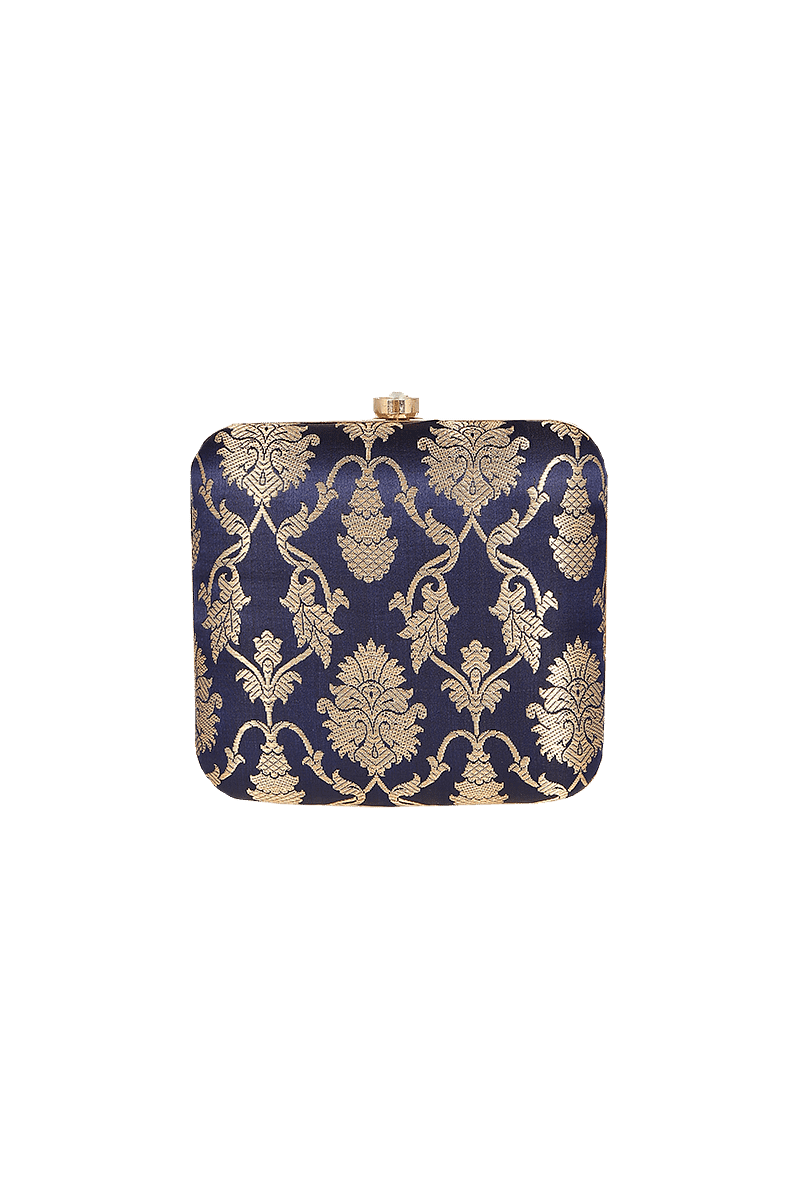 Sapphire Blue Brocade Box Clutch with Sling (6.5 X 2 X 6)