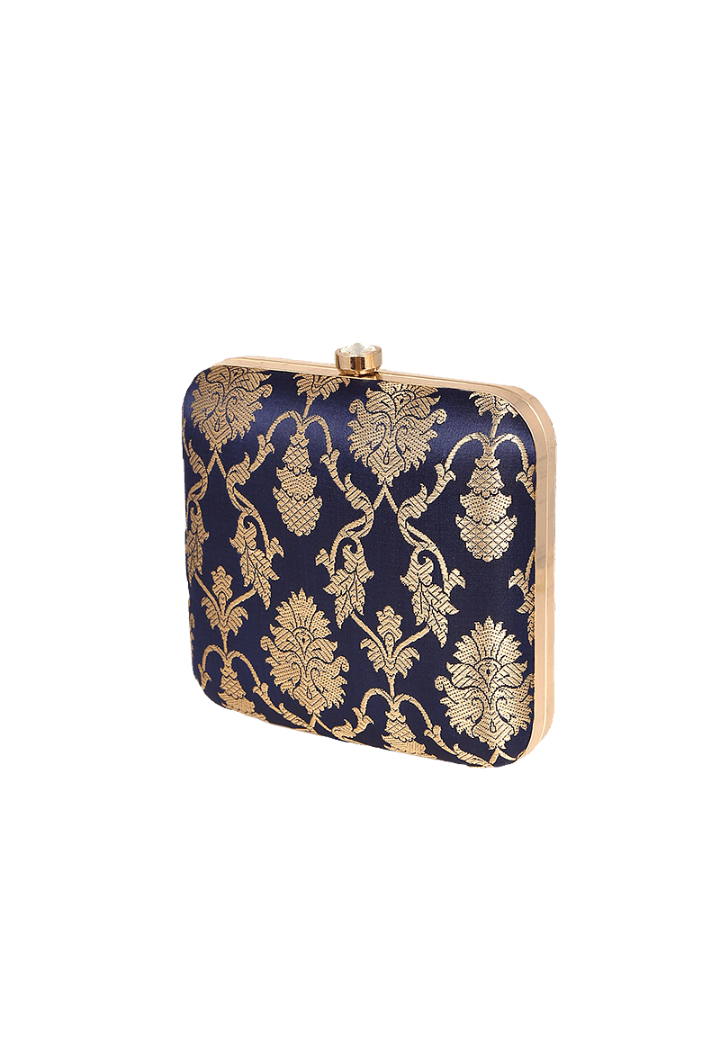 Sapphire Blue Brocade Box Clutch with Sling (6.5 X 2 X 6)