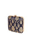 Sapphire Blue Brocade Box Clutch with Sling (6.5 X 2 X 6)