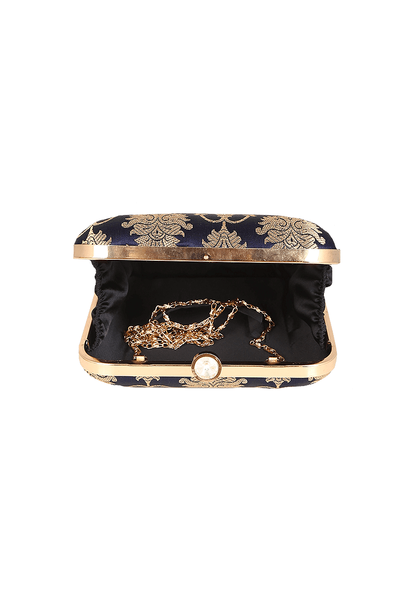 Sapphire Blue Brocade Box Clutch with Sling (6.5 X 2 X 6)
