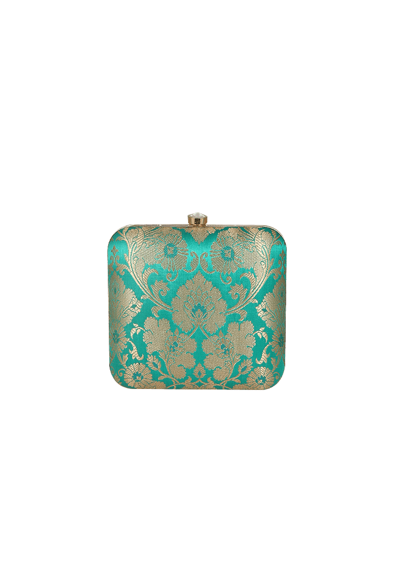 Emerald Green Brocade Box Clutch with Sling (6.5 X 2 X 6)