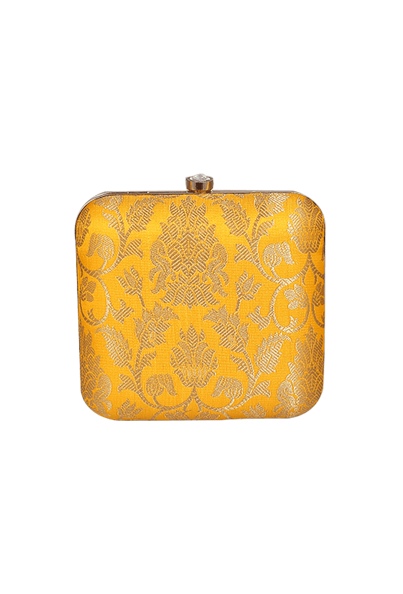 Yellow Brocade Box Clutch with Sling (6.5 X 2 X 6)