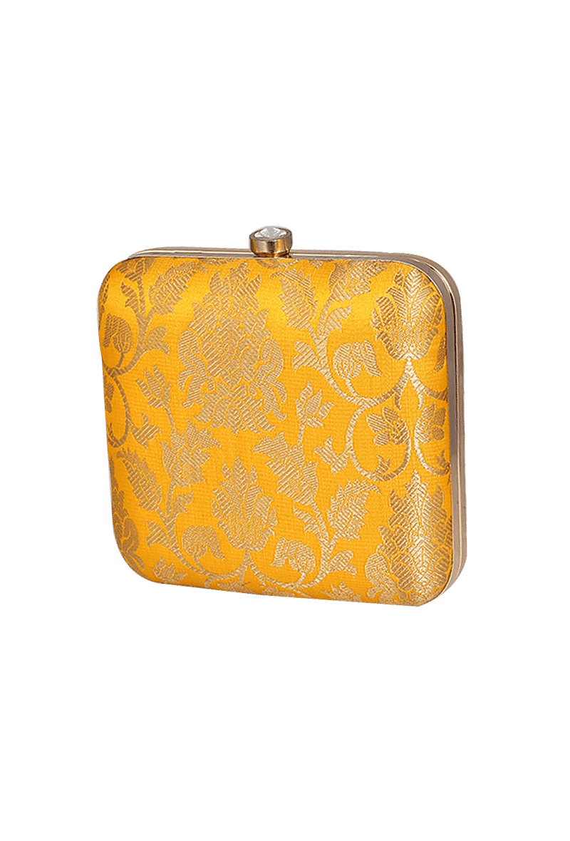 Yellow Brocade Box Clutch with Sling (6.5 X 2 X 6)