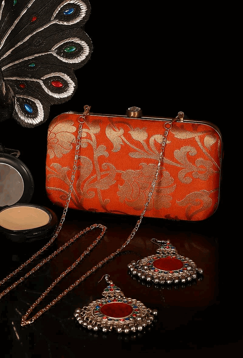 Tangerine Brocade Box Clutch with Sling (8 X 2 X 4.5)