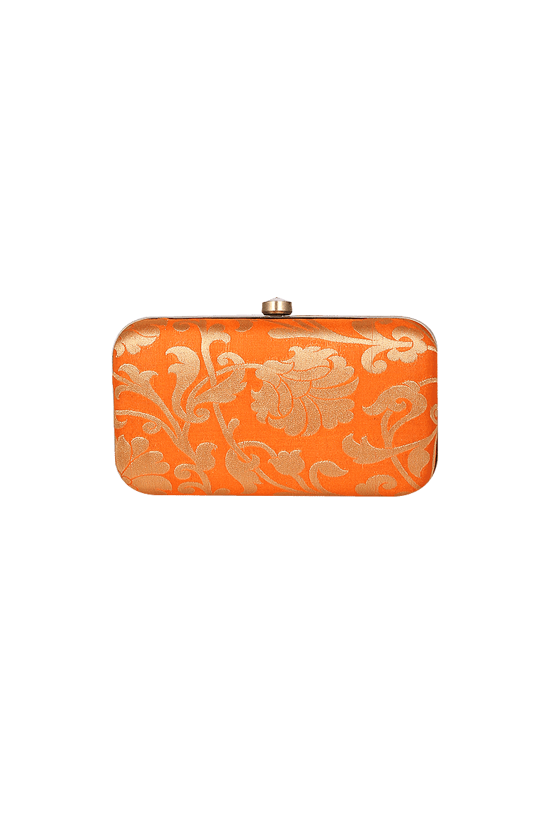 Tangerine Brocade Box Clutch with Sling (8 X 2 X 4.5)