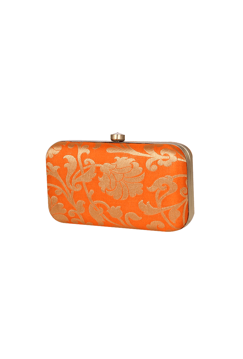 Tangerine Brocade Box Clutch with Sling (8 X 2 X 4.5)