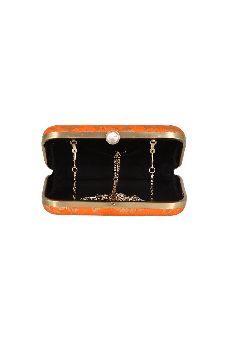 Tangerine Brocade Box Clutch with Sling (8 X 2 X 4.5)