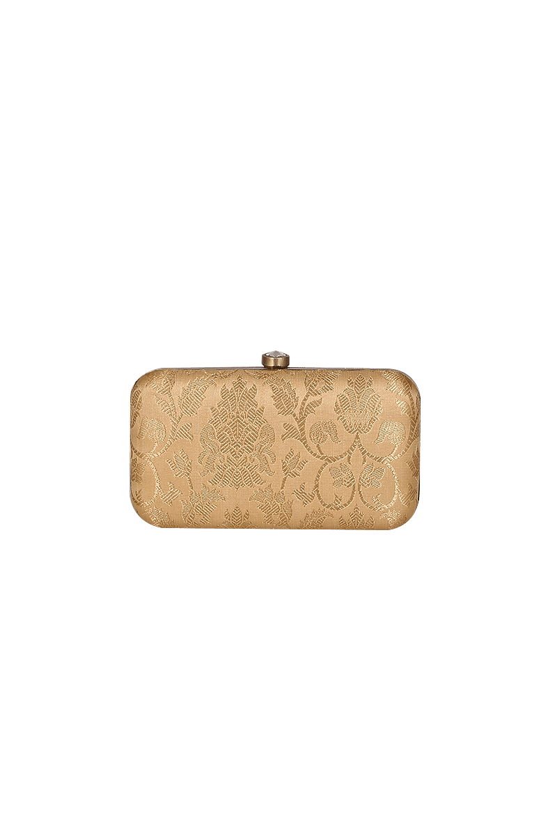 Beige Brocade Box Clutch with Sling (8 X 2 X 4.5)