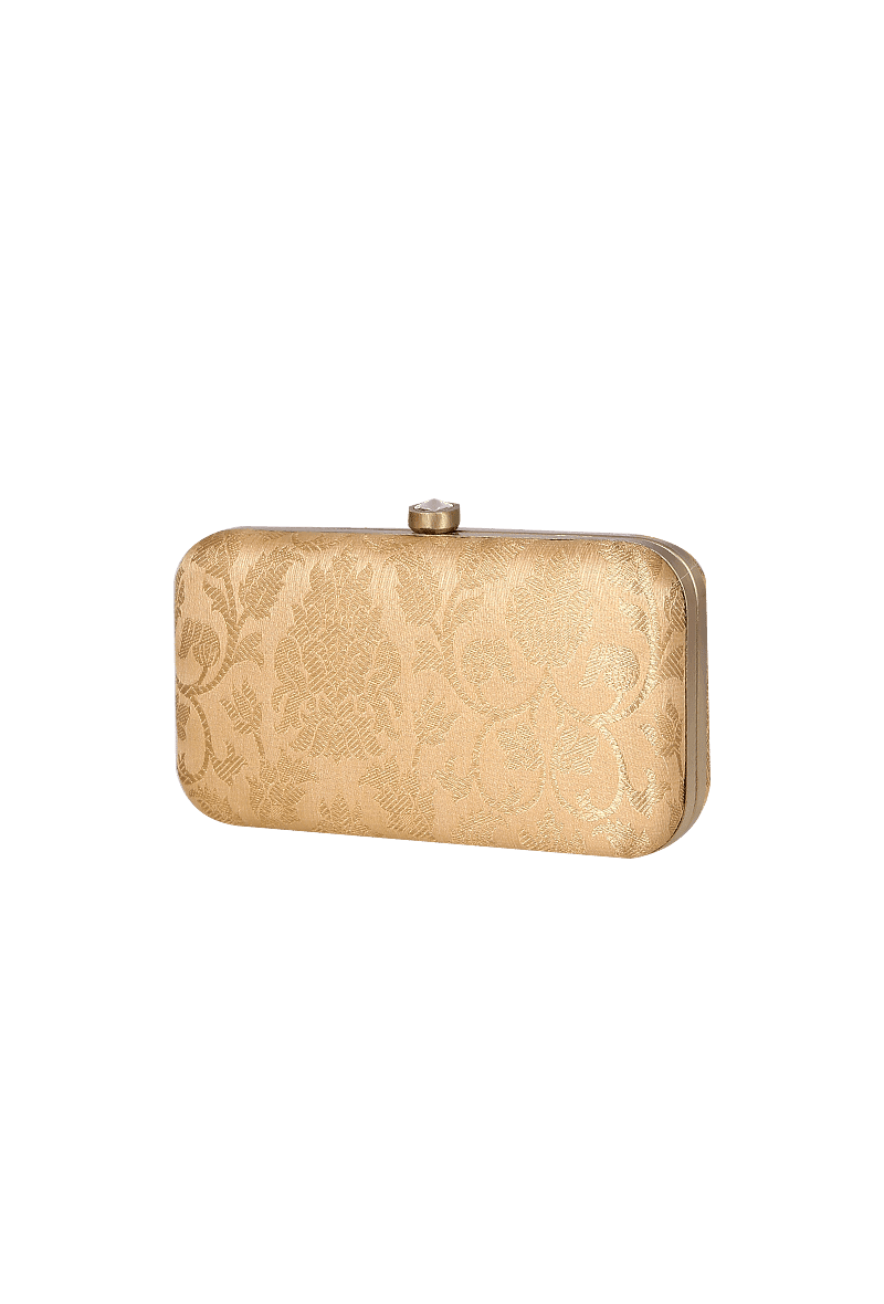 Beige Brocade Box Clutch with Sling (8 X 2 X 4.5)