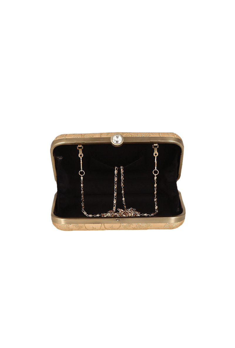 Beige Brocade Box Clutch with Sling (8 X 2 X 4.5)