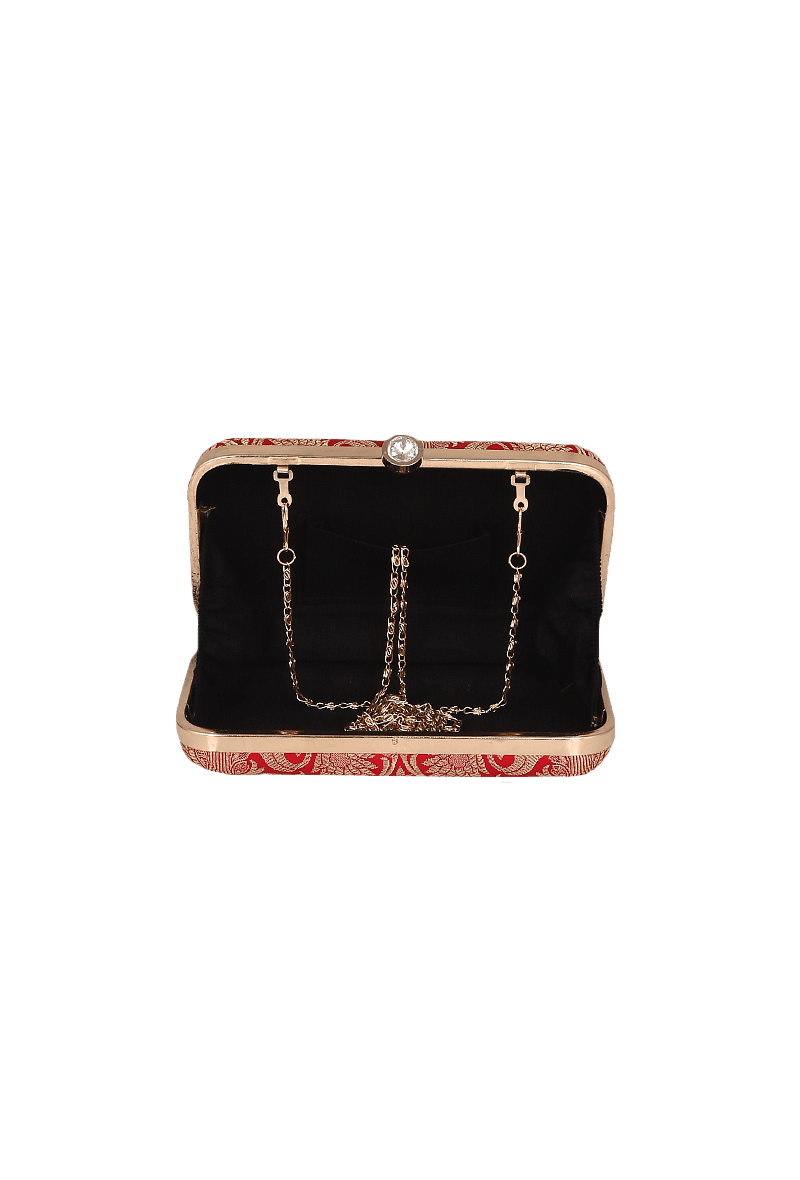 Scarlet Red Brocade Box Clutchwith Sling (8 X 2 X 4.5)