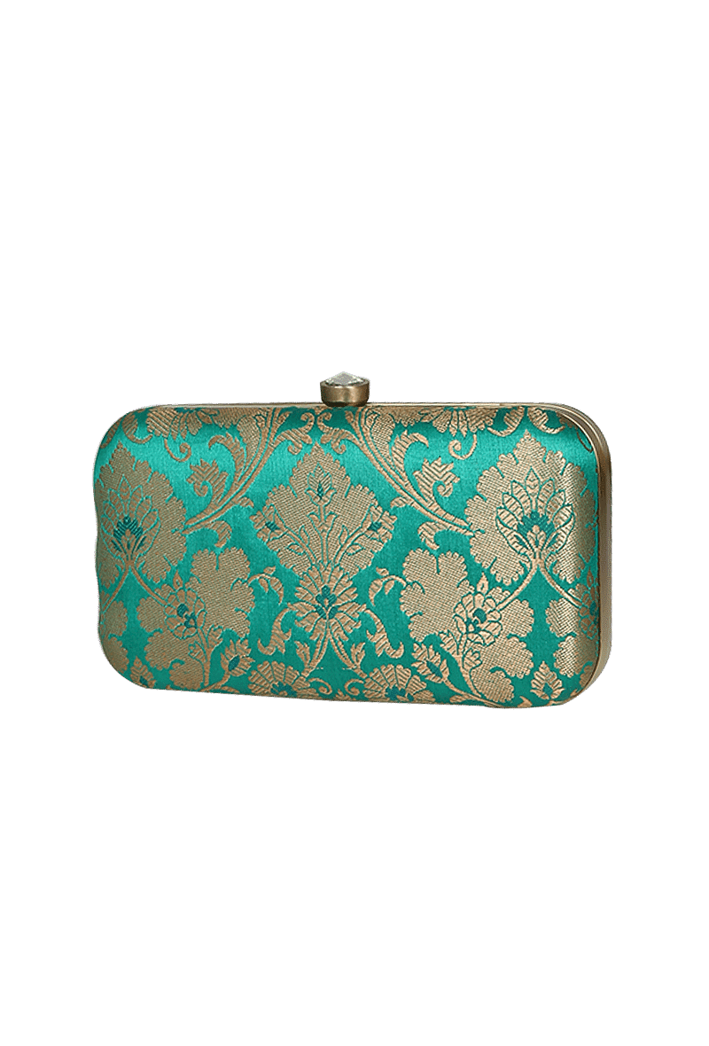 Spinach Green Brocade Box Clutch with Sling (8 X 2 X 4.5)
