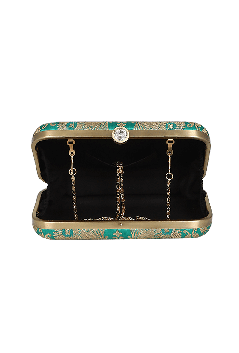 Spinach Green Brocade Box Clutch with Sling (8 X 2 X 4.5)