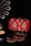 Tomato Red Brocade Box Clutchwith Sling (8 X 2 X 4.5)