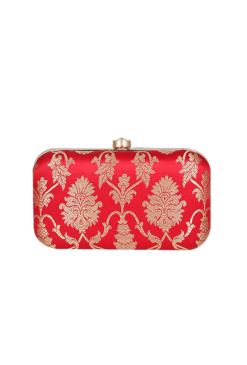 Tomato Red Brocade Box Clutchwith Sling (8 X 2 X 4.5)