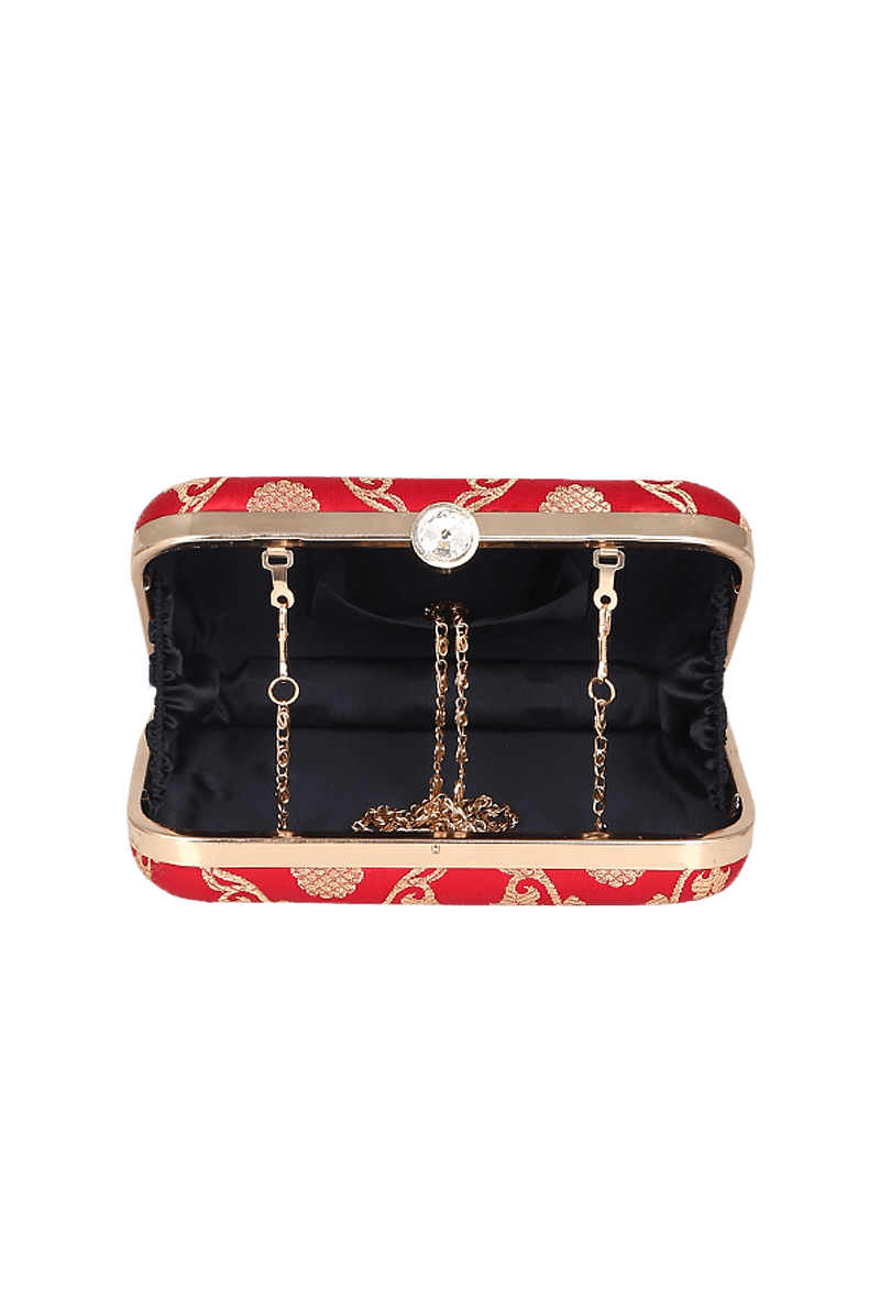 Tomato Red Brocade Box Clutchwith Sling (8 X 2 X 4.5)