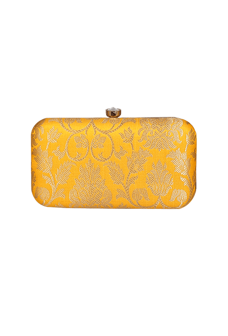 Sunshine Yellow Brocade Box Clutch with Sling (8 X 2 X 4.5)