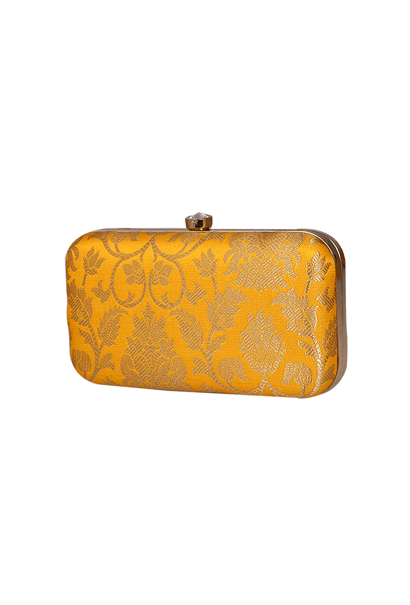 Sunshine Yellow Brocade Box Clutch with Sling (8 X 2 X 4.5)