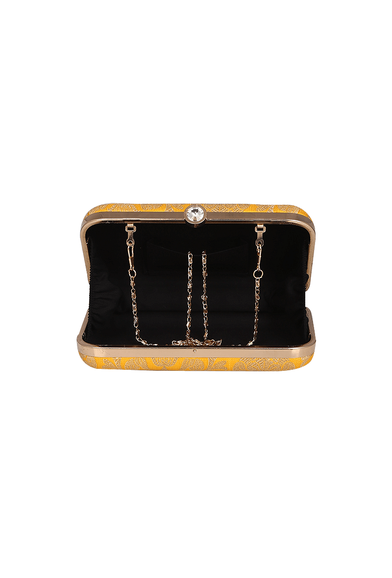 Sunshine Yellow Brocade Box Clutch with Sling (8 X 2 X 4.5)