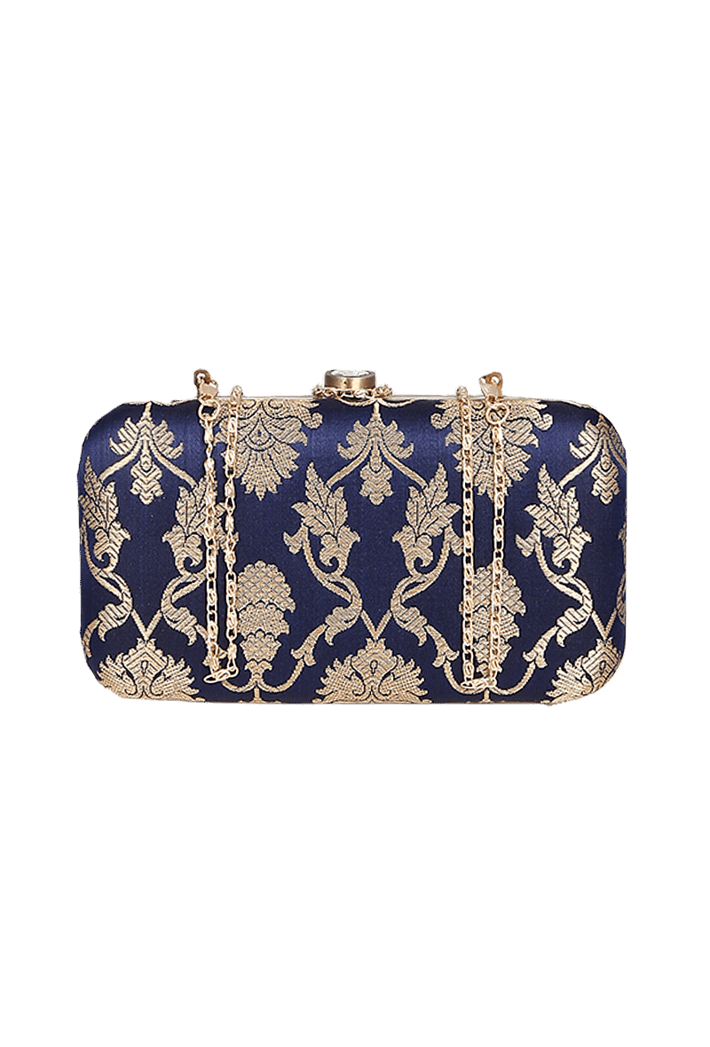 Deep Blue Brocade Box Clutchwith Sling (8 X 2 X 4.5)