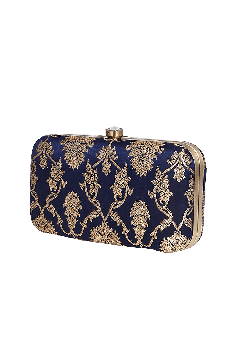 Deep Blue Brocade Box Clutchwith Sling (8 X 2 X 4.5)