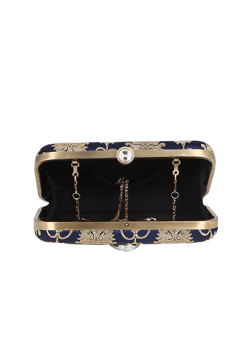 Deep Blue Brocade Box Clutchwith Sling (8 X 2 X 4.5)
