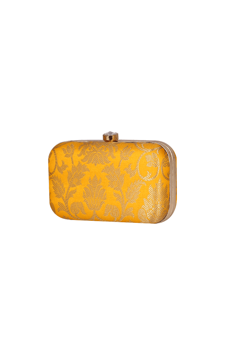 Sunflower Yellow Brocade Box Clutchwith Sling (8 X 2 X 4.5)