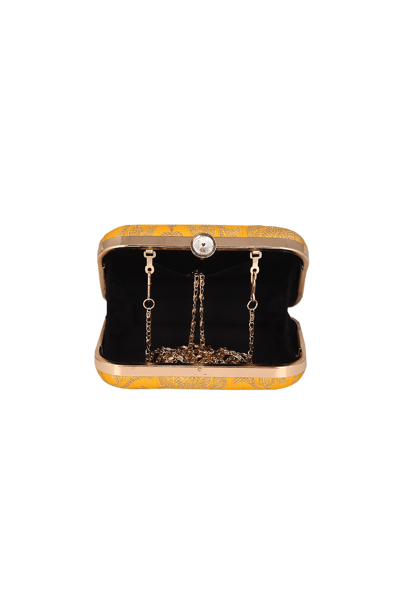 Sunflower Yellow Brocade Box Clutchwith Sling (8 X 2 X 4.5)