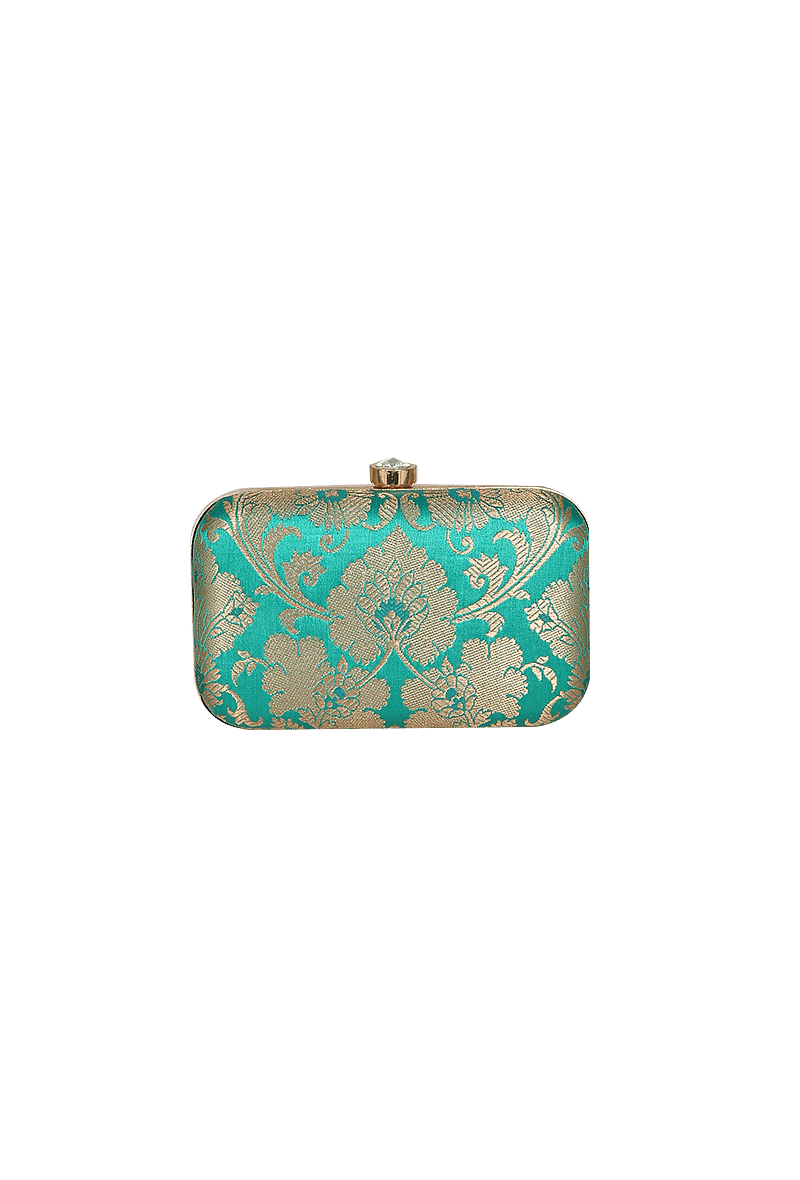 Forest Green Brocade Box Clutchwith Sling (8 X 2 X 4.5)
