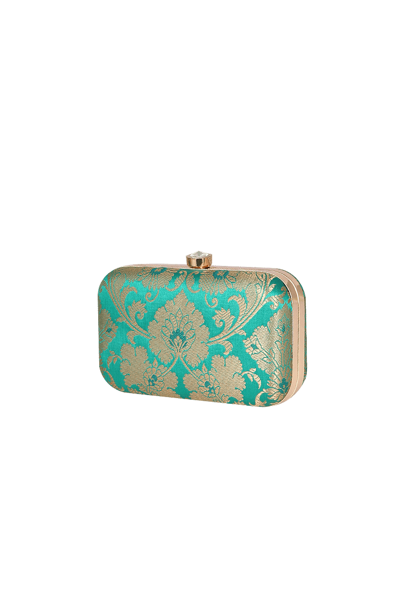 Forest Green Brocade Box Clutchwith Sling (8 X 2 X 4.5)
