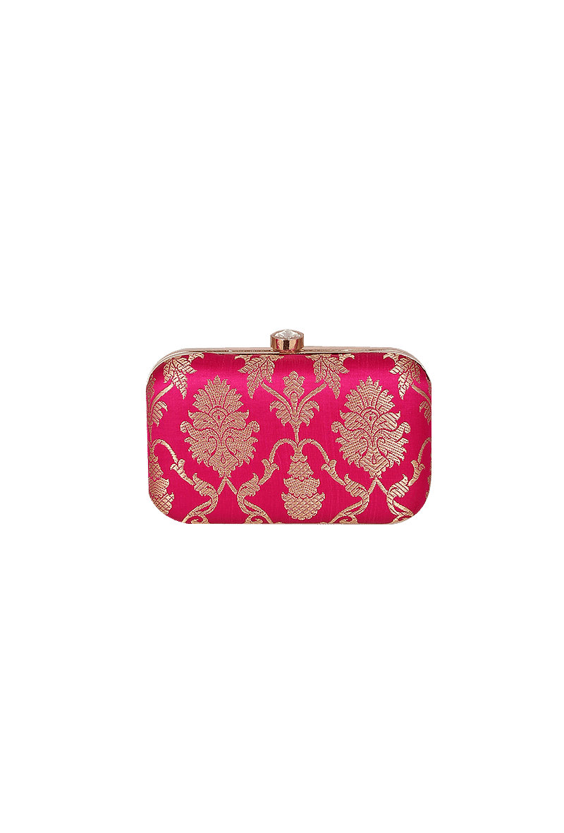 Rosy Red Brocade Box Clutchwith Sling (8 X 2 X 4.5)