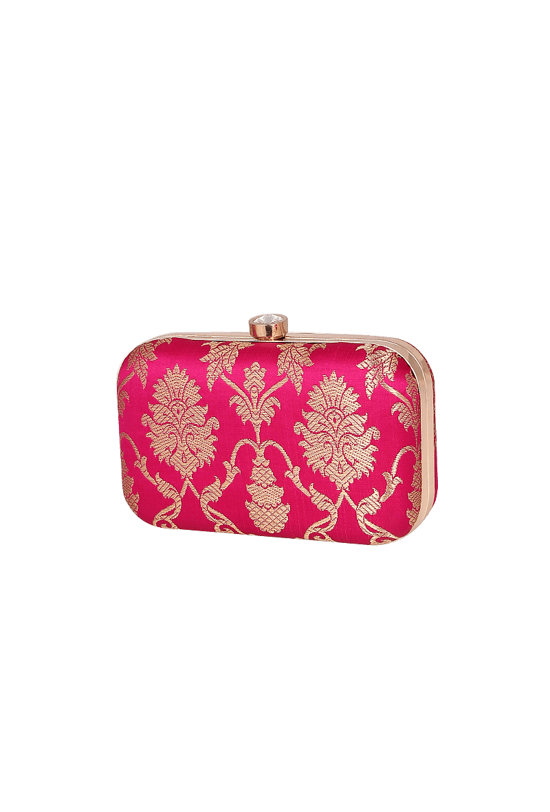 Rosy Red Brocade Box Clutchwith Sling (8 X 2 X 4.5)