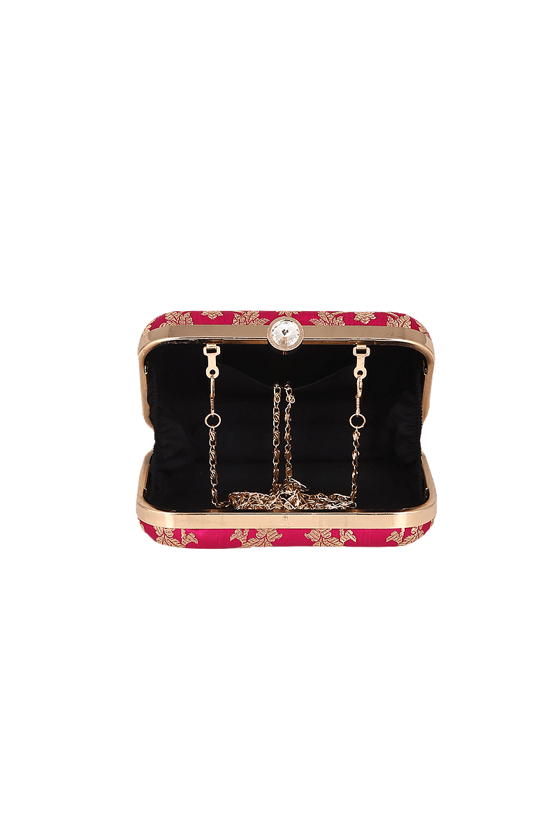 Rosy Red Brocade Box Clutchwith Sling (8 X 2 X 4.5)