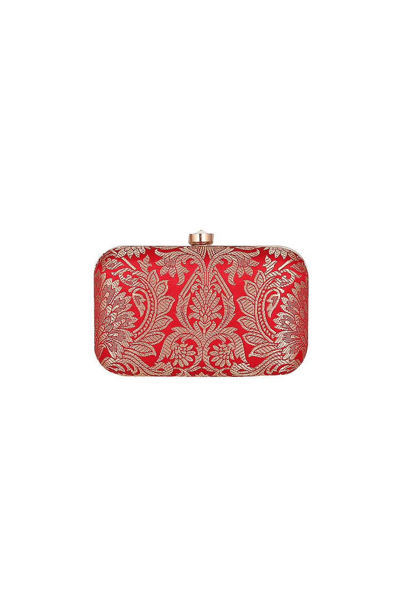 Cherry Red Brocade Box Clutch with Sling (8 X 2 X 4.5)