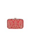 Cherry Red Brocade Box Clutch with Sling (8 X 2 X 4.5)
