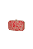 Cherry Red Brocade Box Clutch with Sling (8 X 2 X 4.5)