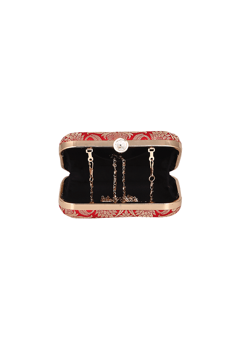 Cherry Red Brocade Box Clutch with Sling (8 X 2 X 4.5)