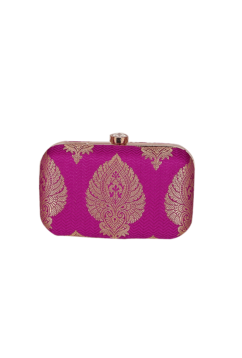 Dark Pink Brocade Box Clutch with Sling (8 X 2 X 4.5)