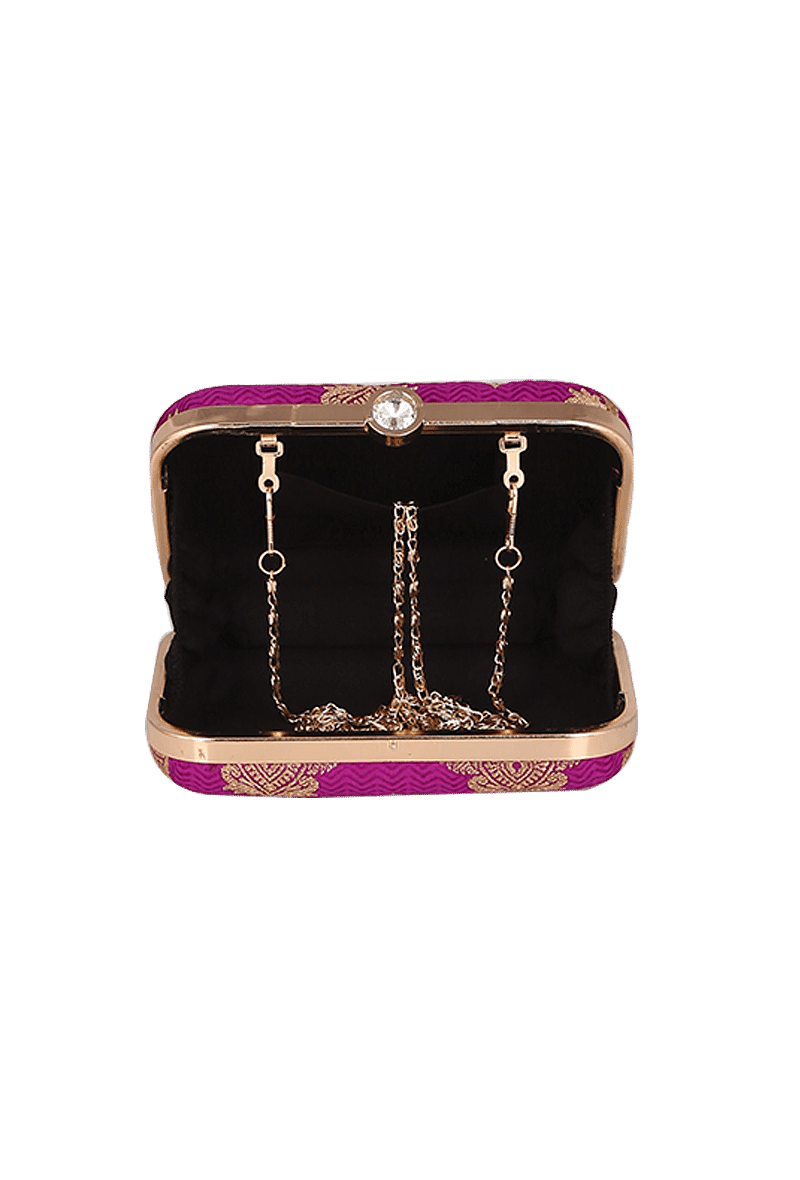 Dark Pink Brocade Box Clutch with Sling (8 X 2 X 4.5)