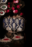 Royal Blue Brocade Box Clutch with Sling (8 X 2 X 4.5)