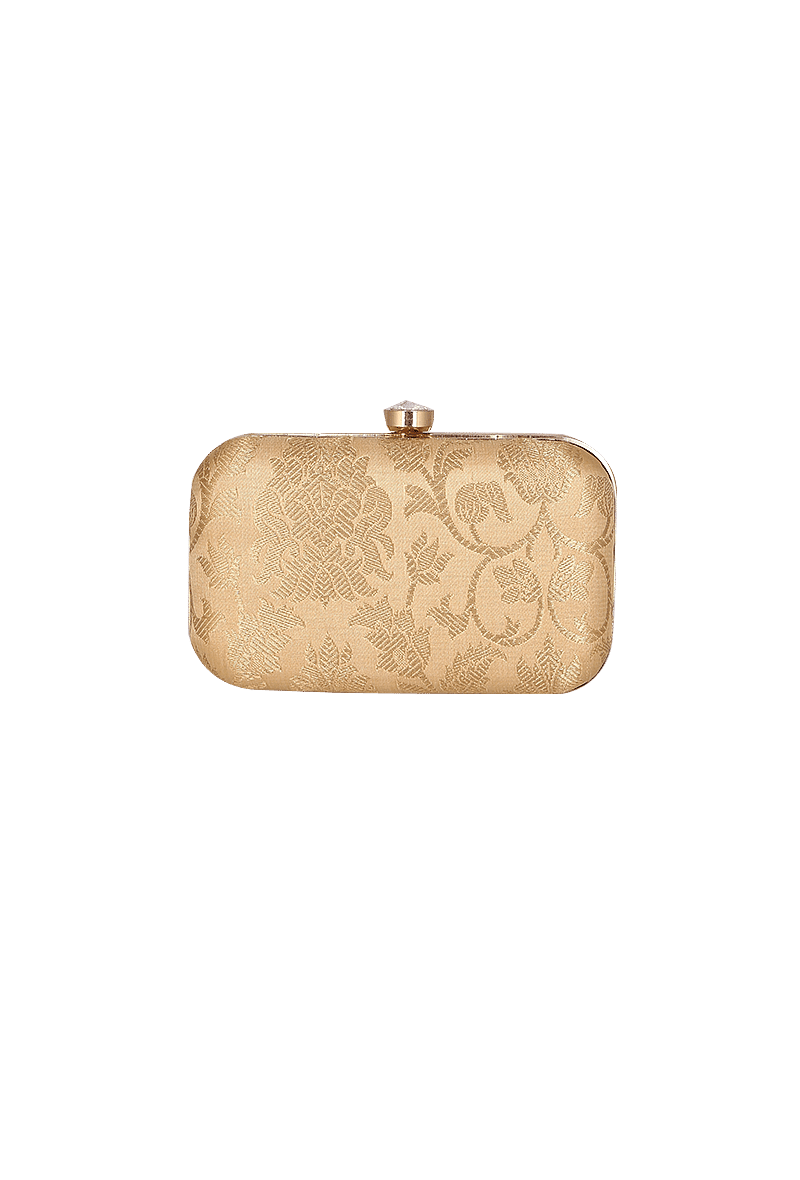 Soft Beige Brocade Box Clutch with Sling (8 X 2 X 4.5)