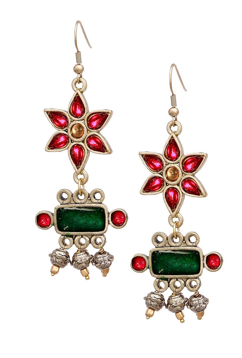 Pink-Green Afghan German Silver Earrings